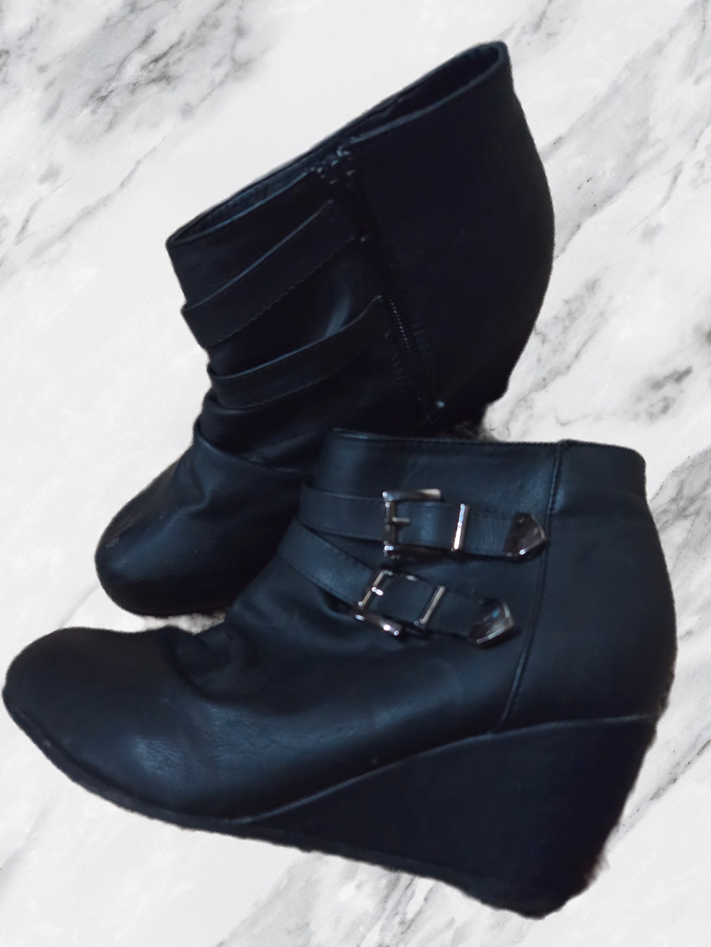 Black Wedge Ankle Boots with Buckle Detail